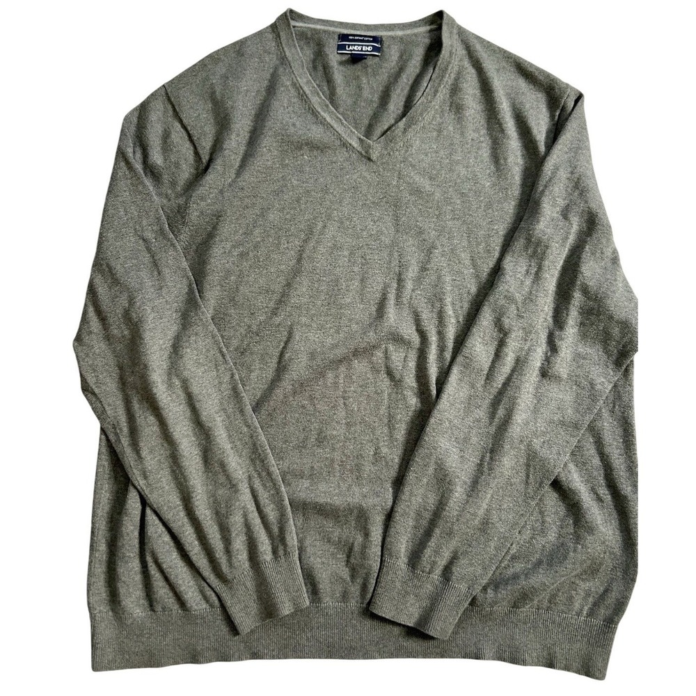 Lands End Sweater XXL/T Supima Cotton Tall Fit Gray Minimalist V-Neck‎